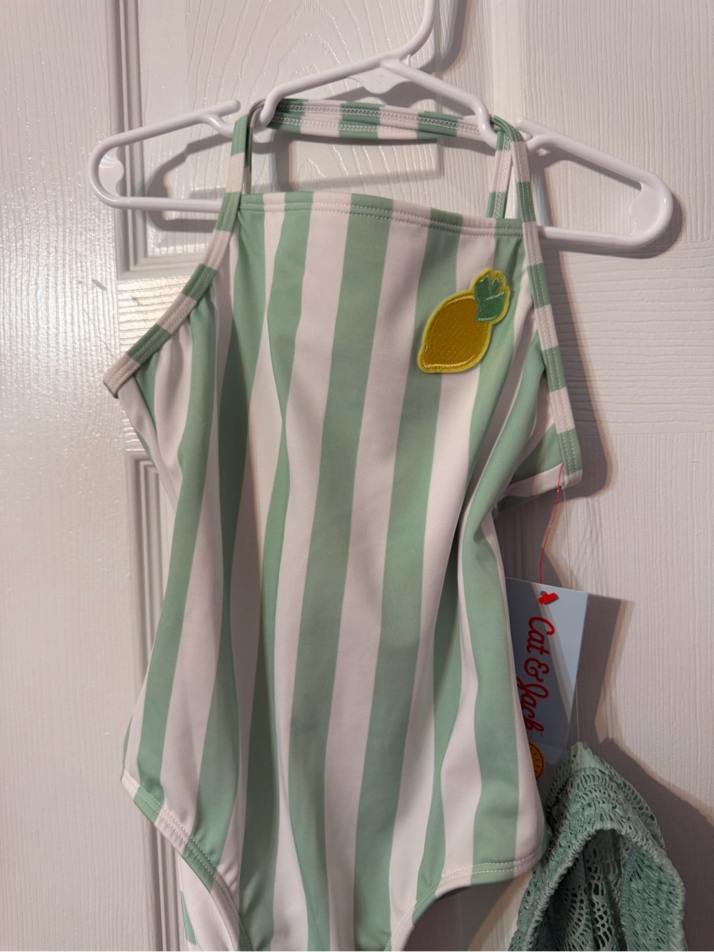 Cat & Jack Mint Green and White Striped Swimsuit with Lemon Accent with shorts - Picture 2 of 8